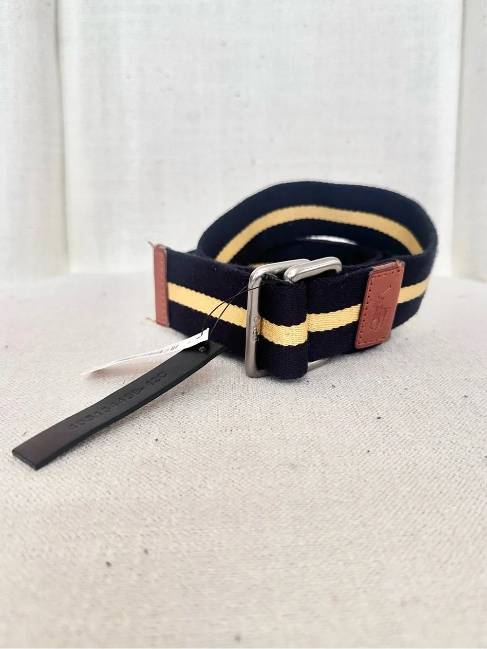 Polo Ralph Lauren Men's New Leather Trim Striped Belt Yellow Gold/Refined Navy
